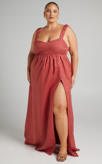 Amalie The Label - Lucianna Linen Elasticated Strap Backless Maxi Dress in Dusty Rose