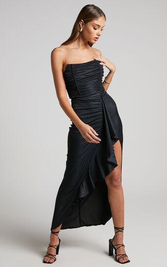 Sabrina Midi Dress - Strapless Corset Thigh Split Dress in Black