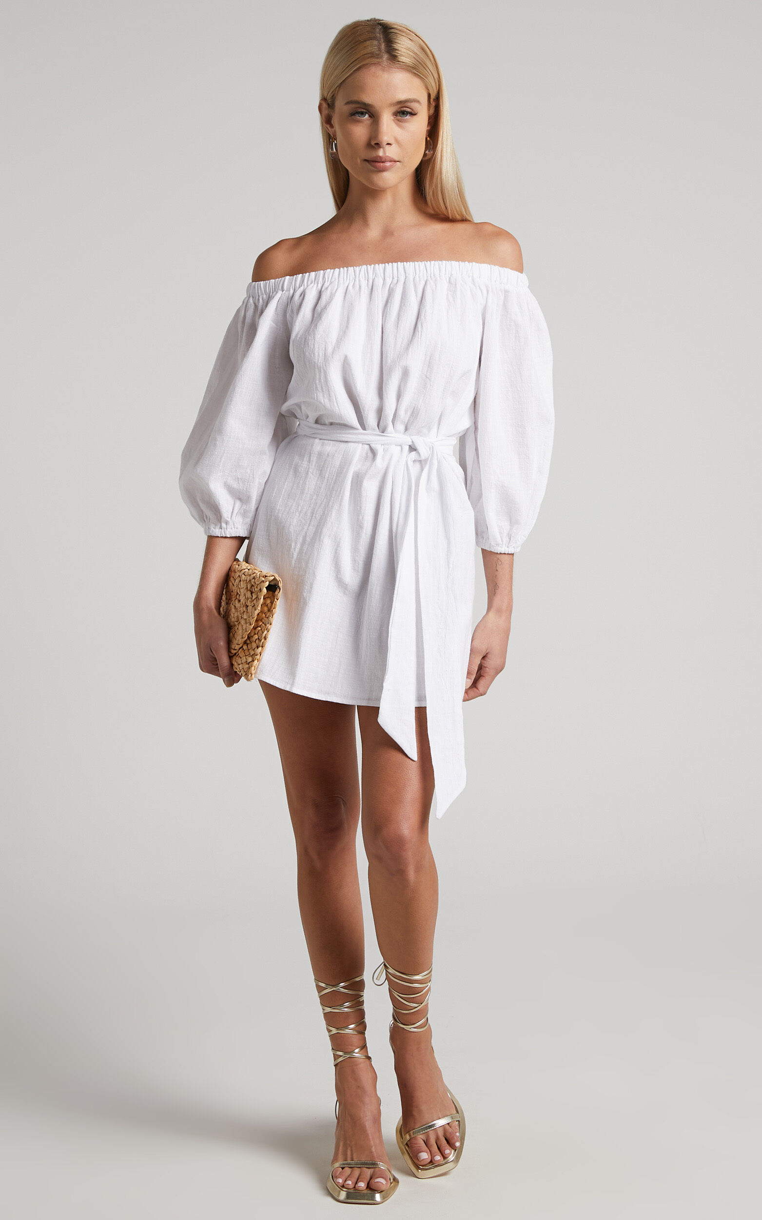 Chalmer Mini Dress - Tie Waist Off Shoulder Dress in White - 06, WHT1