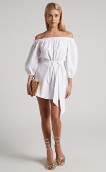 Chalmer Mini Dress - Tie Waist Off Shoulder Dress in White