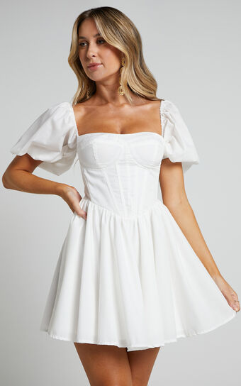Souza Mini Dress - Fit and Flare Puff Sleeve Corset Dress in White