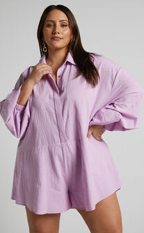 Anka Playsuit - Relaxed Button Front Shirt Playsuit in Lilac