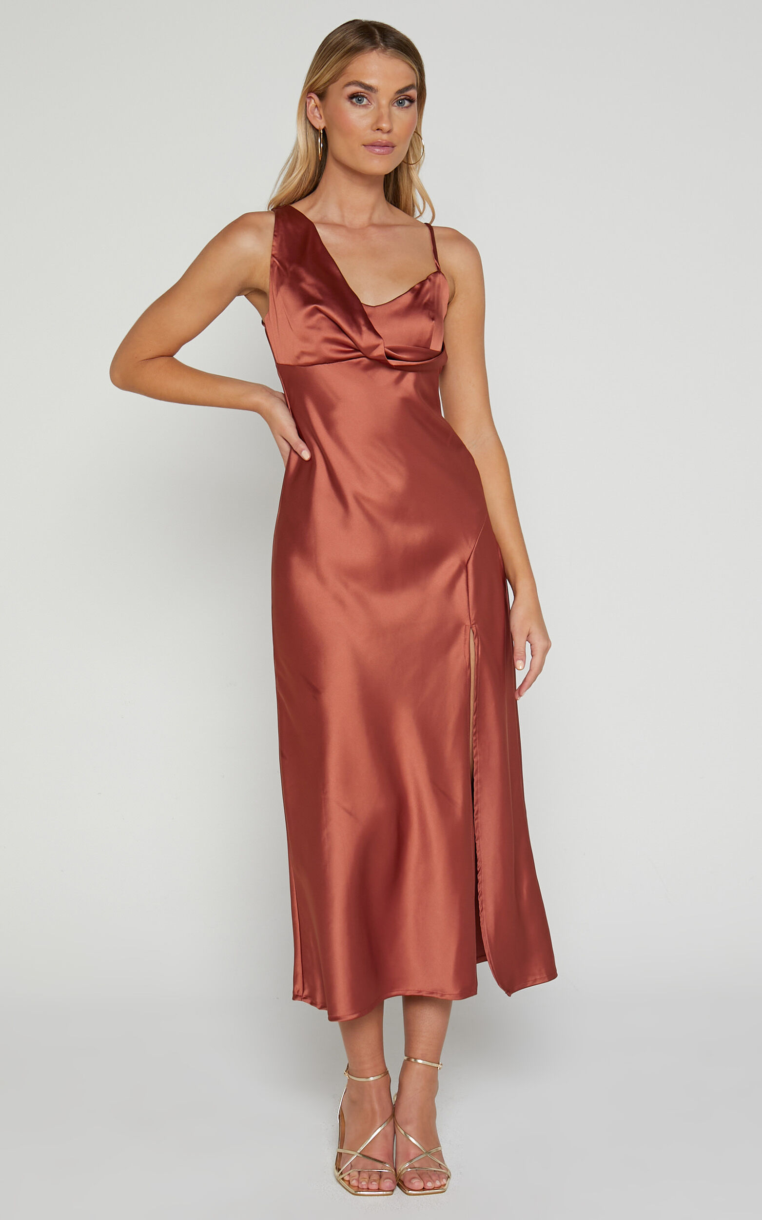Adessa Midi Dress - Drape Detail Split Hem Dress in Copper - 06, GLD1