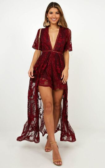 Lets Get Loud Maxi Playsuit in Wine Lace