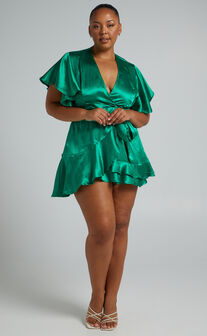 All I Want To Be Ruffle Mini Dress in Green Satin