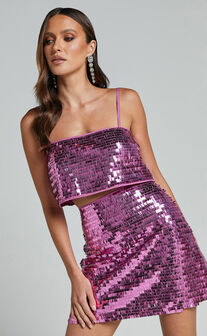 Barlyn Crop Top - Square Neck Crop Flat Sequin Top in Orchid