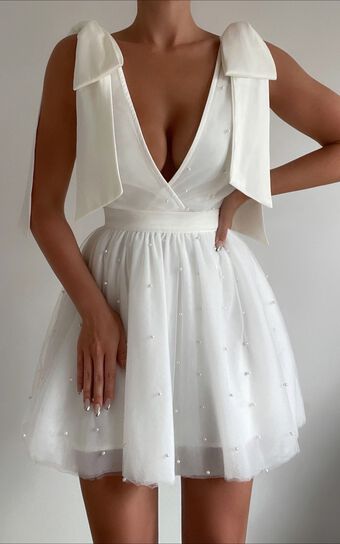 Karalyn Mini Dress - Bow Strap Plunge Pearl Detail Dress in White