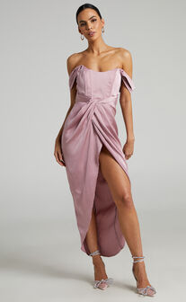 Azrael Twist Front Strapless Off Shoulder Maxi Dress in Blush