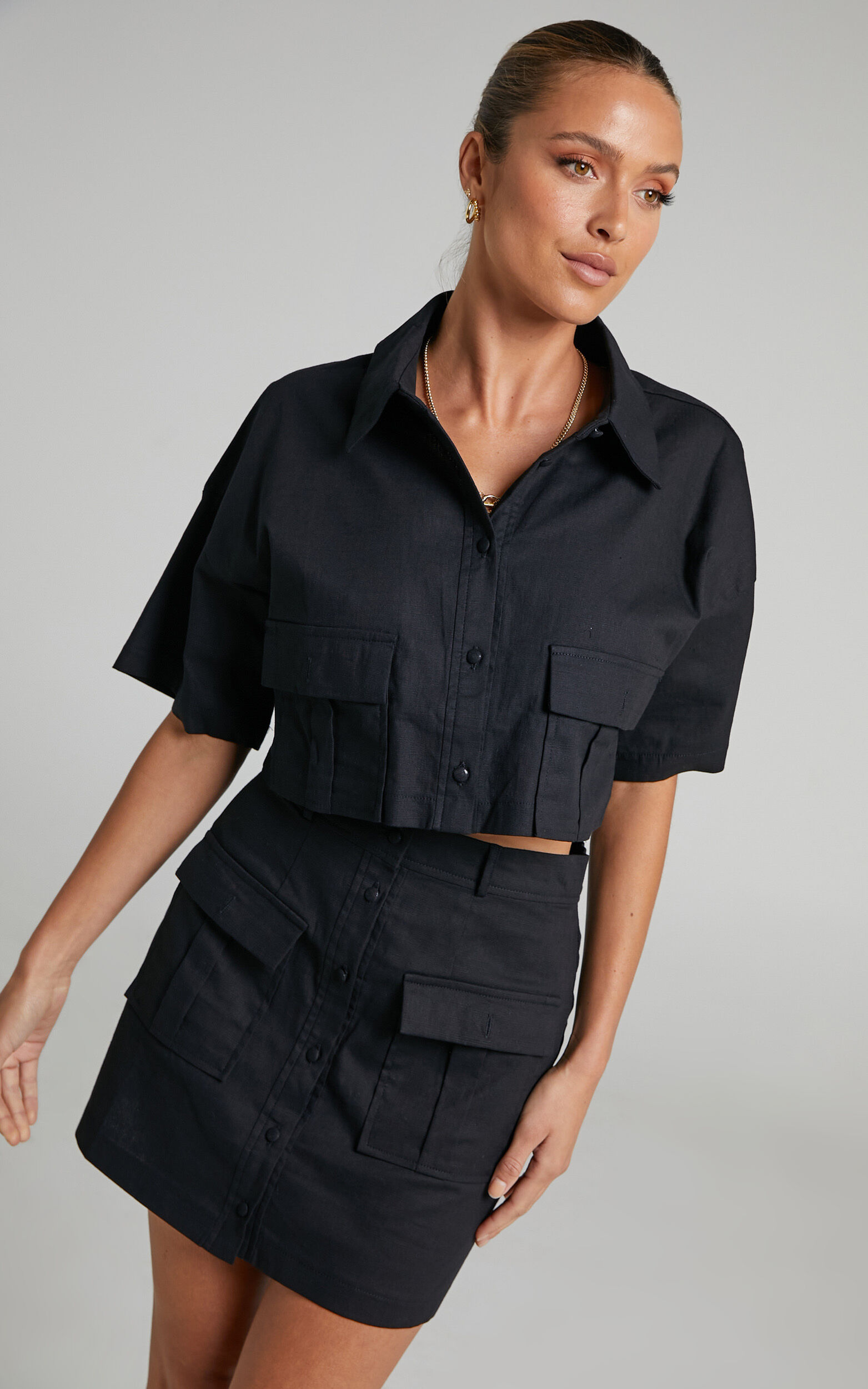 Navine Two Piece Set - Button Front Crop Top and Cargo Pocket Mini Skirt Set in Black - 04, BLK1