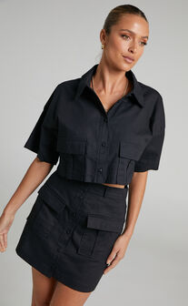 Navine Two Piece Set - Button Front Crop Top and Cargo Pocket Mini Skirt Set in Black