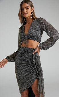 Ramina Geo Lurex Deep V Long Sleeve Crop Top and Midi Skirt Two Piece Set in Black/ Gold
