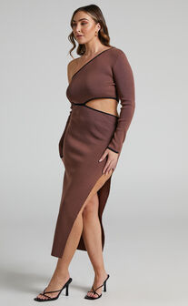 Kairhen Asymmetric Long Sleeve Cut Out Midi Dress in Chocolate