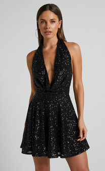 Malisha Mini Dress - Cowl Neck Fit and Flare Dress in Black