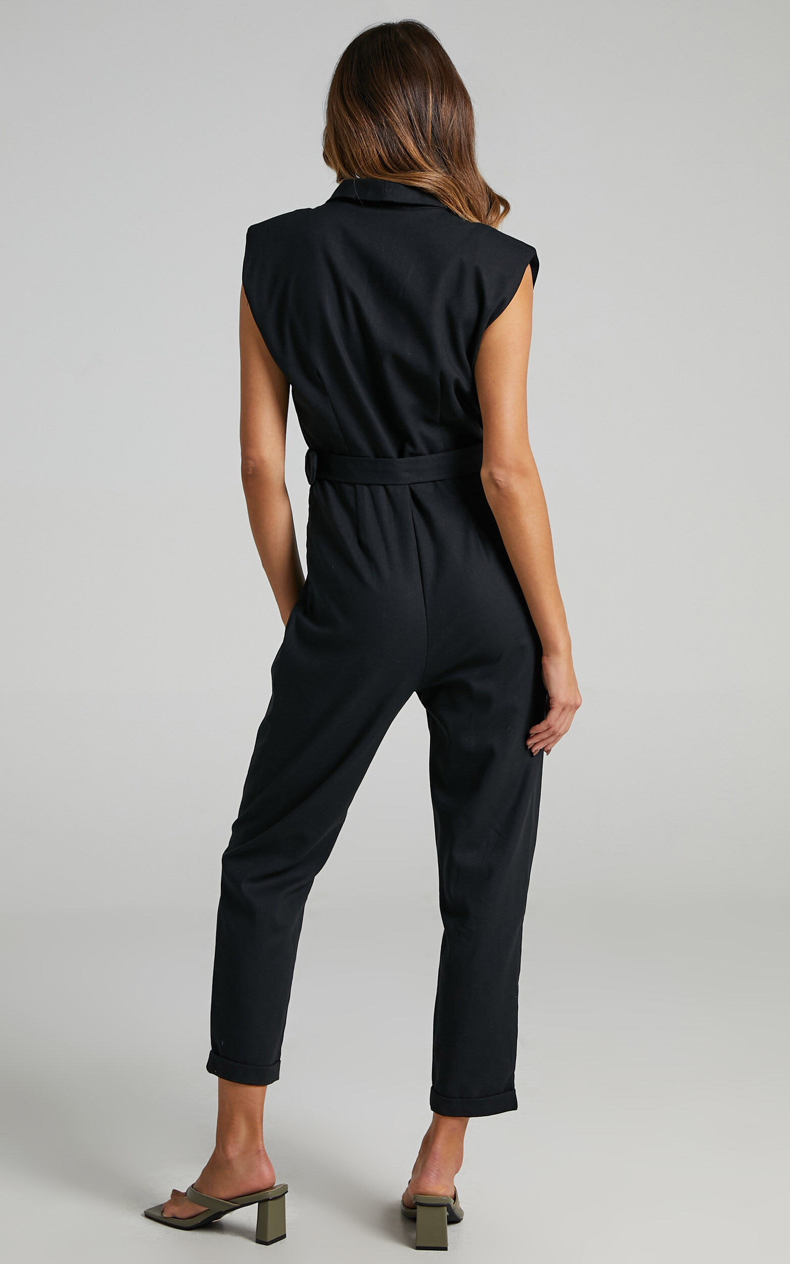 Tarah Jumpsuit - Linen Look Collared Self Belt Jumpsuit in Black | Showpo