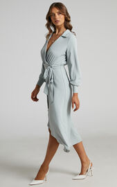 Nalysha Midi Dress - Long Sleeve Wrap Dress in Dusty Blue | Showpo USA