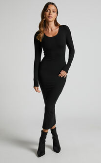 Hawkins Midaxi Dress - Long Sleeve Bodycon Dress in Black