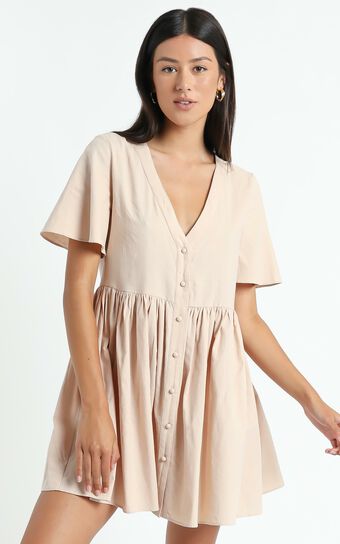 Staycation Smock Button Up Mini Dress in Beige