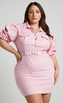 Gianni Mini Dress - Puff Sleeve Belted Dress in Bubblegum Pink