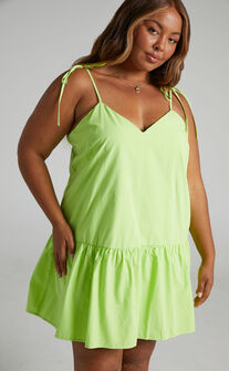 Quira V Neck Tiered Mini Dress in Lime Green