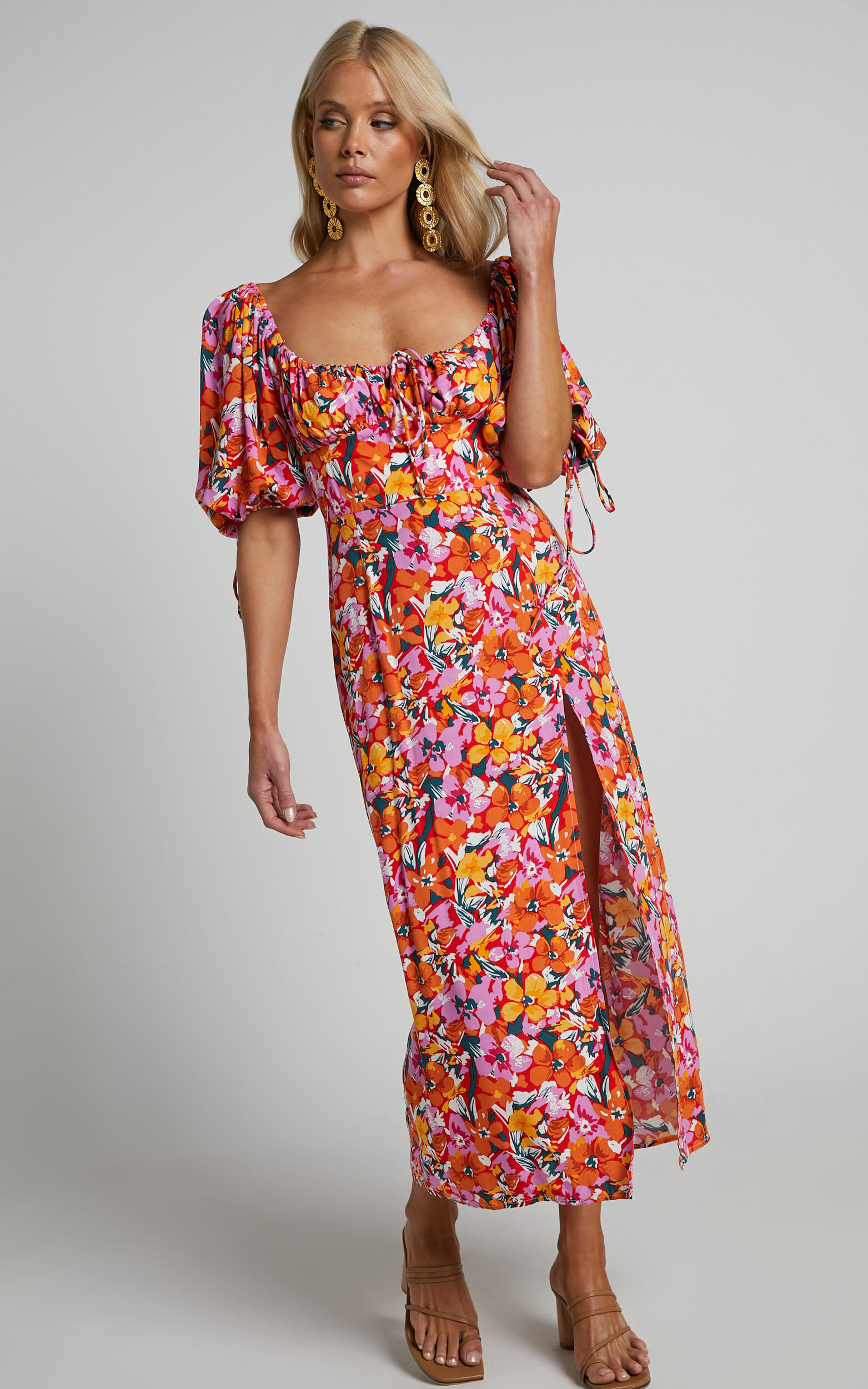 Rosario Midi Dress - Ruched Bust Puff Sleeve Dress in Spring Floral ...