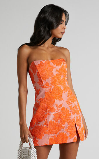 Brailey Mini Dress - Strapless Dress in Orange  Jacquard