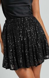 Aurelie Mini Skirt - Elasticated Sequin Skater Skirt in Black | Showpo USA