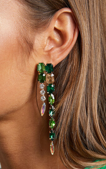 Aelinor Earrings - Asymmetric Gemstone Drop Earrings in Gold Green and Blue Diamante