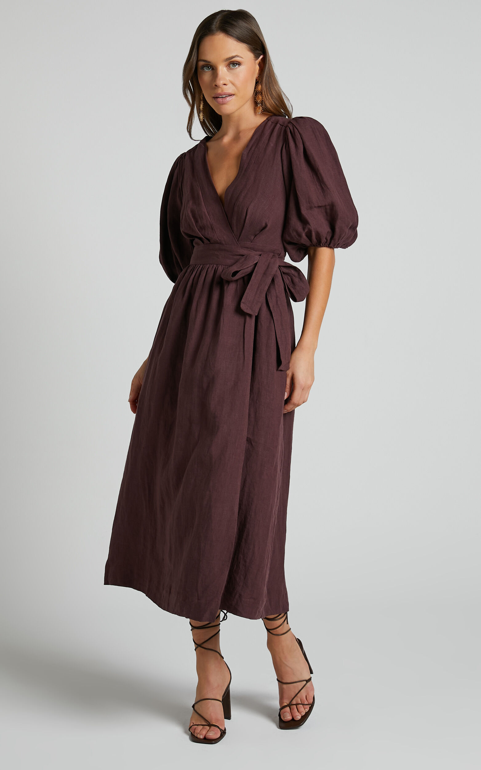 Amalie The Label - Franc Linen Puff Sleeve Wrap Midi Dress in Dark Plum - 06, PNK4, super-hi-res image number null