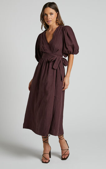 Amalie The Label - Franc Linen Puff Sleeve Wrap Midi Dress in Dark Plum