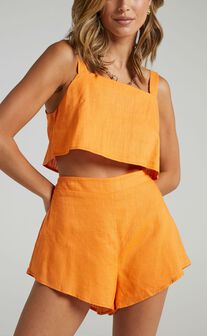 Zanrie Two Piece Set - Square Neck Crop Top and High Waist Mini Flare Shorts Set in Orange