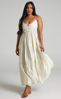 Ermengard Tiered Pin Tuck Cross Back Maxi Dress in Off White