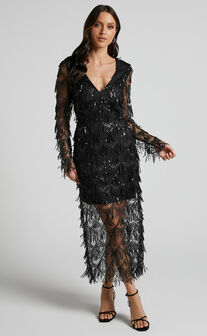 Emmett Midaxi Dress - Long Sleeve Sequin Diamond Mesh Dress in Black