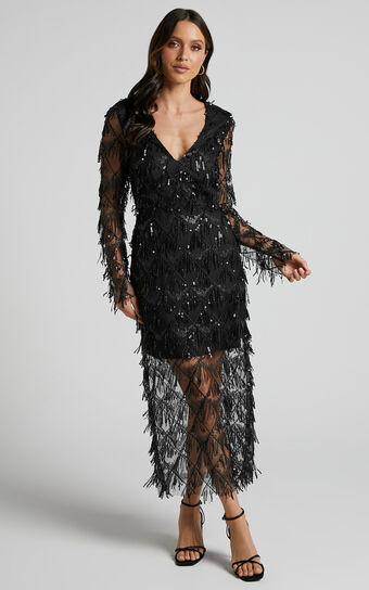 Emmett Midaxi Dress - Long Sleeve Sequin Diamond Mesh Dress in Black