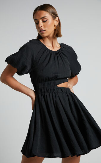 Hadley Puff Sleeve Cut Out Mini Dress in Black