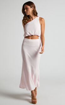 Bethia Two Piece Set - One Shoulder Top and Midi Skirt in Light Pink