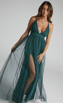 Like A Vision Plunge Maxi Dress in Emerald Tulle