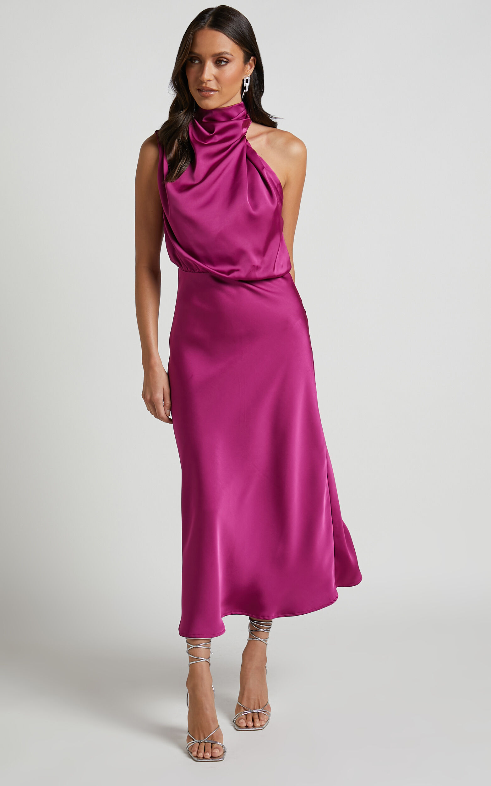 Minnie Midi Dress - Drape Neck Satin Slip Dress in Purple - 06, PRP1, super-hi-res image number null