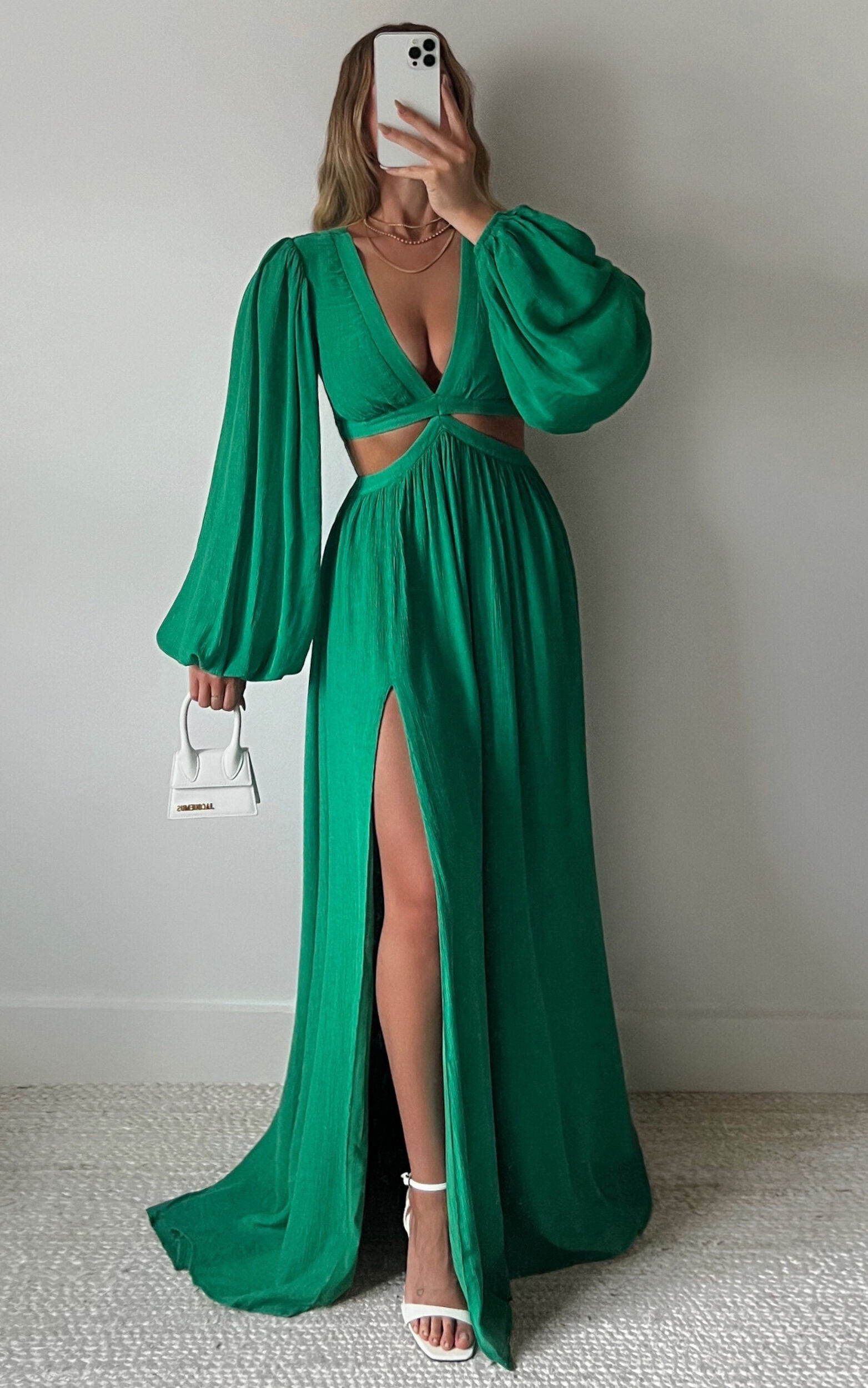 Paige Maxi Dress - Side Cut Out Balloon Sleeve Dress in Green - 06, GRN1