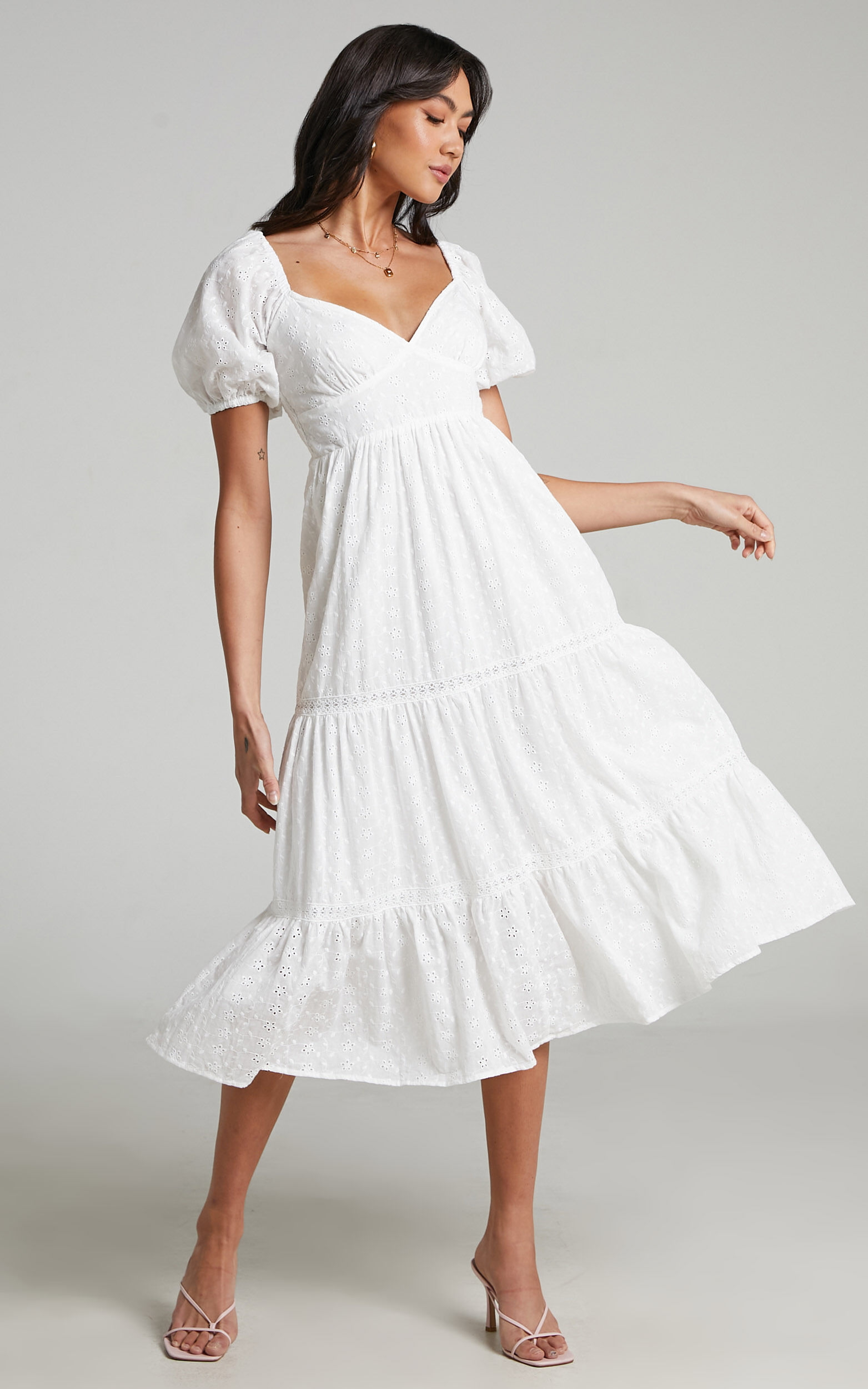 Yanny puff Sleeve Midi Dress with Shirred bust in White - 04, WHT1