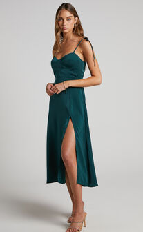 Ciello Midi Dress -  Tie Shoulder Sweetheart Dress in Emerald
