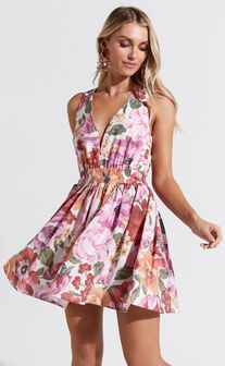 Hepburn Mini Dress - V Neck Tie Back Dress in Spring Floral