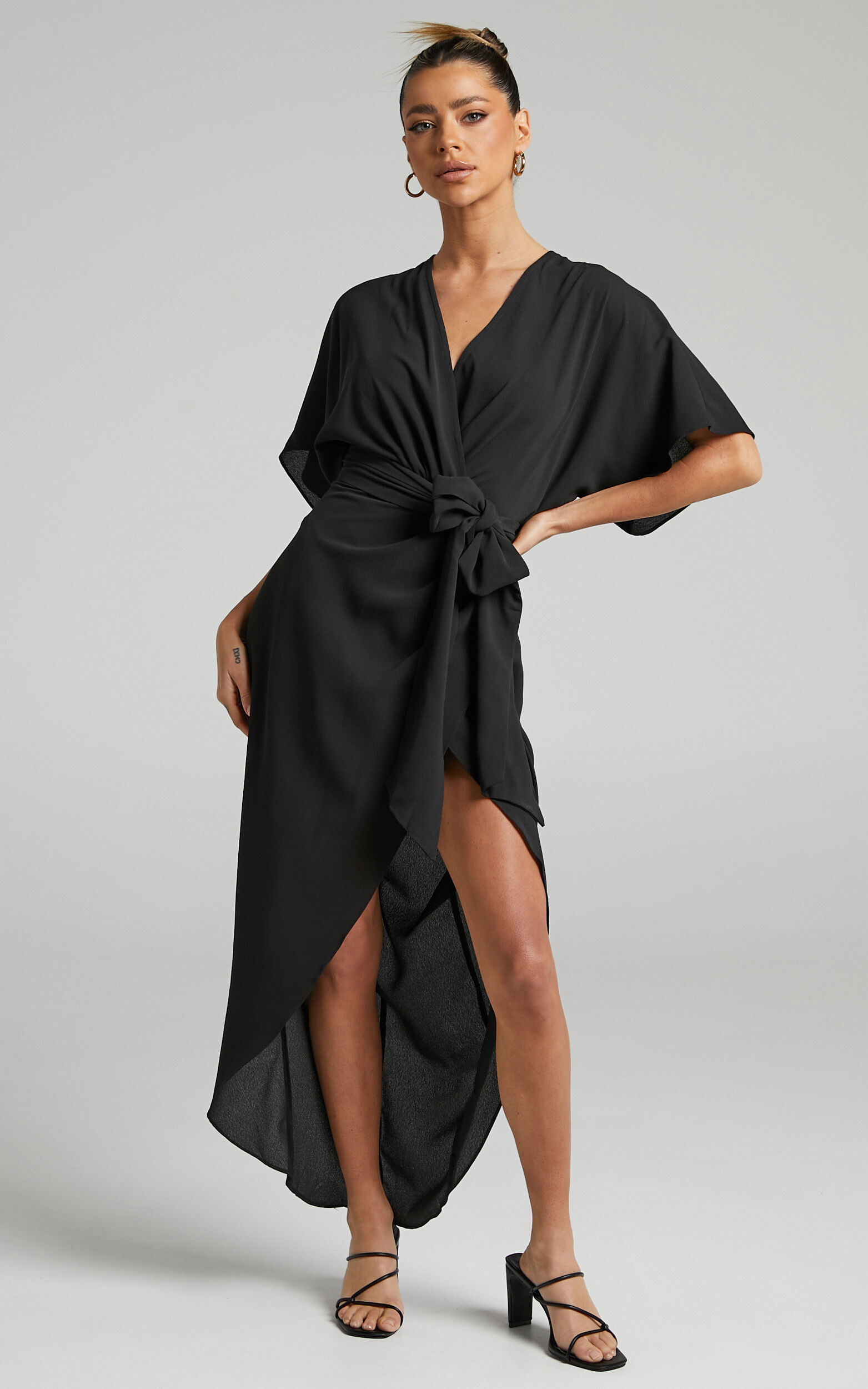 Bellia Midaxi Dress - Tie Waist Kimono Sleeve Wrap Dress in Black - 08, BLK1