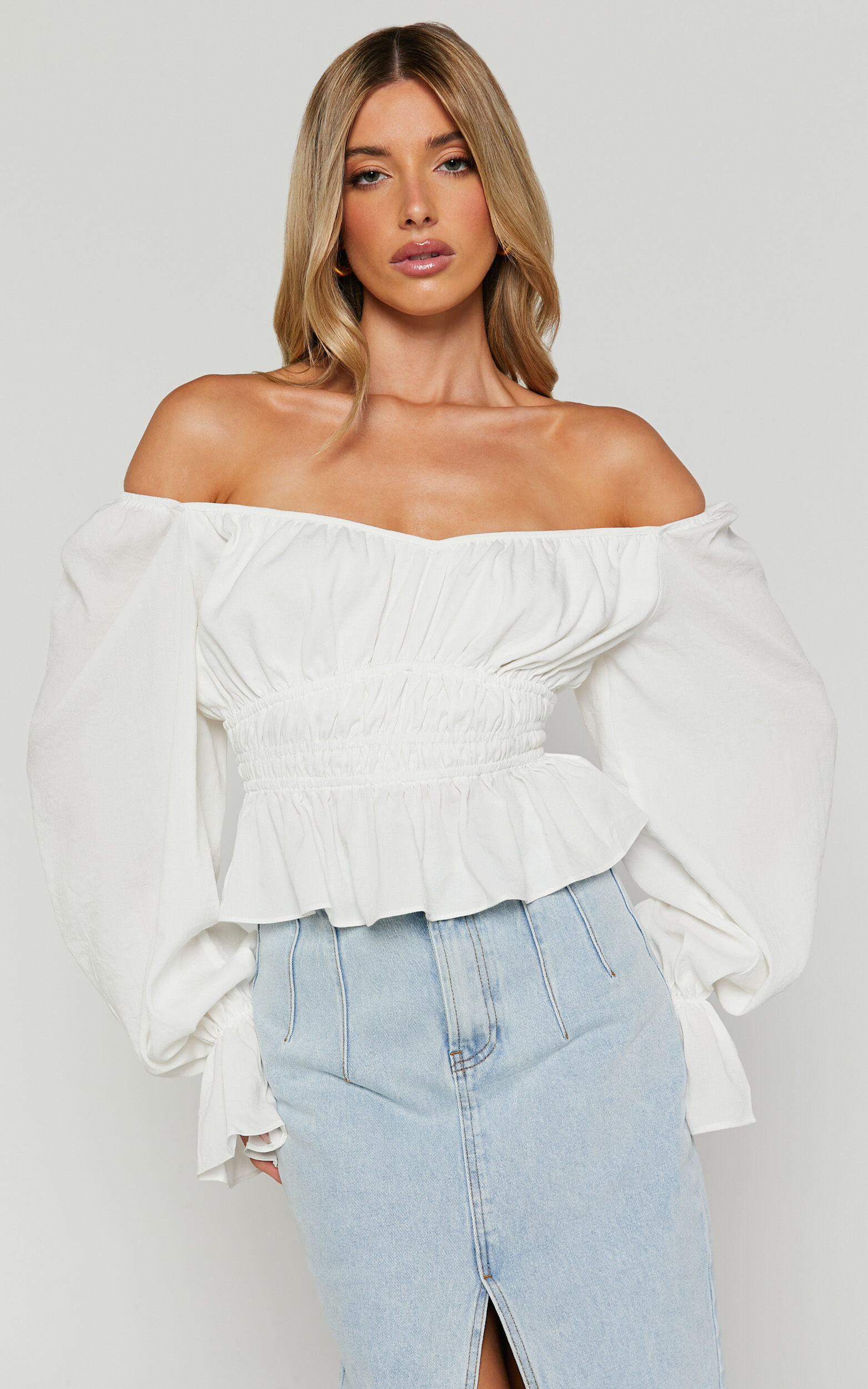Isa Top - Long Sleeve Elastic Detail Ruched Waist Top in White - 04, WHT1