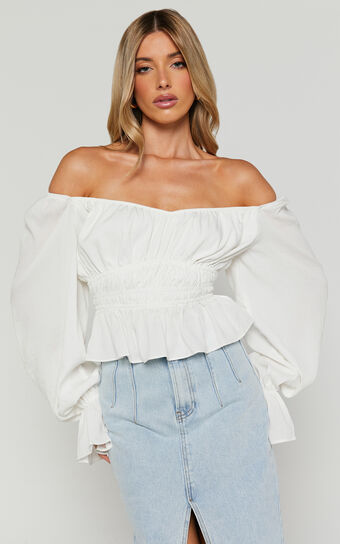 Isa Top - Long Sleeve Elastic Detail Ruched Waist Top in White