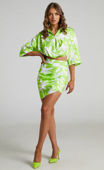Clarrie Crop Top and Mini Wrap Skirt Two Piece Set in Neon Green/White