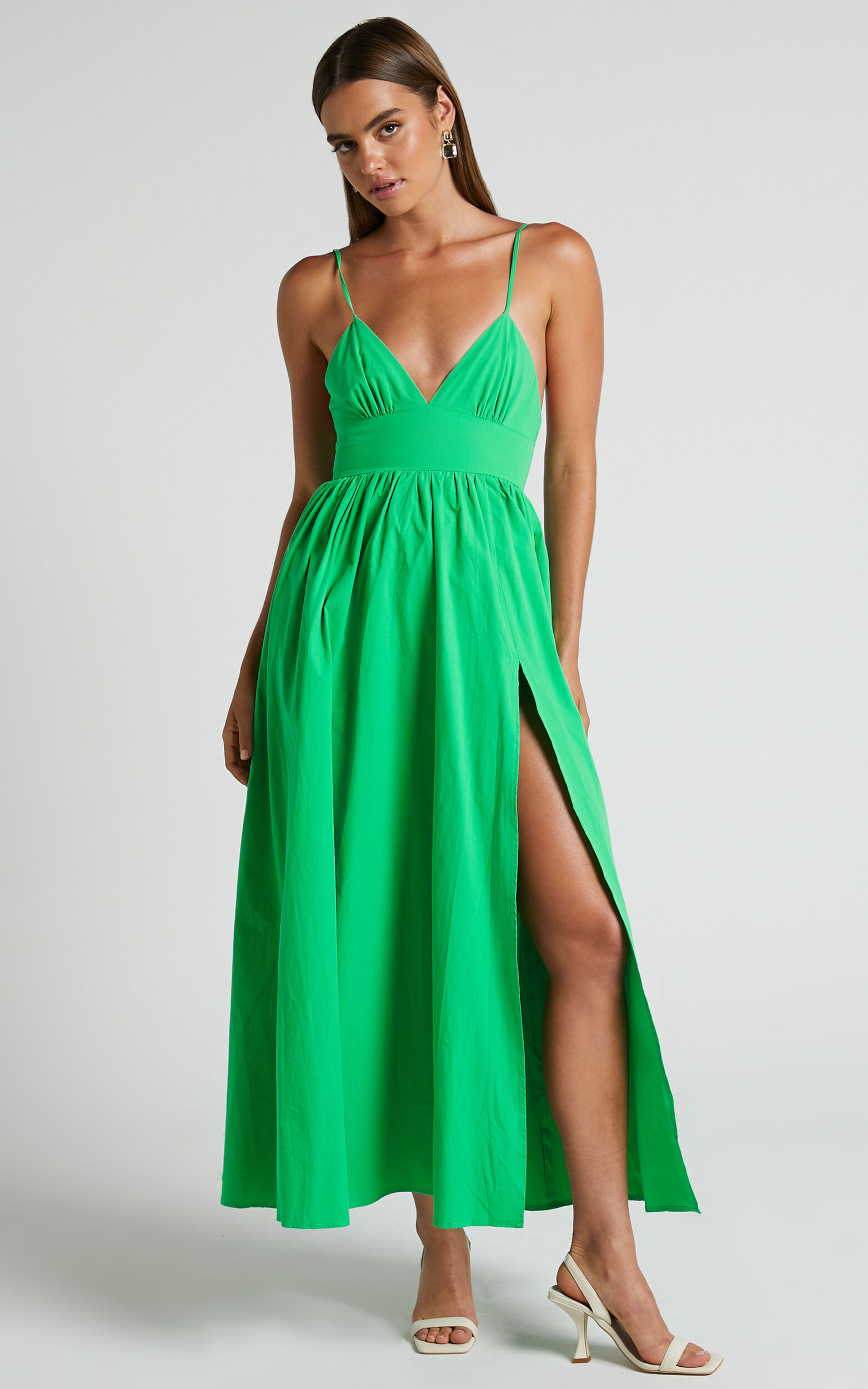 Haydie Maxi Dress - V Neck Thigh Split Dress in Green - 06, GRN1