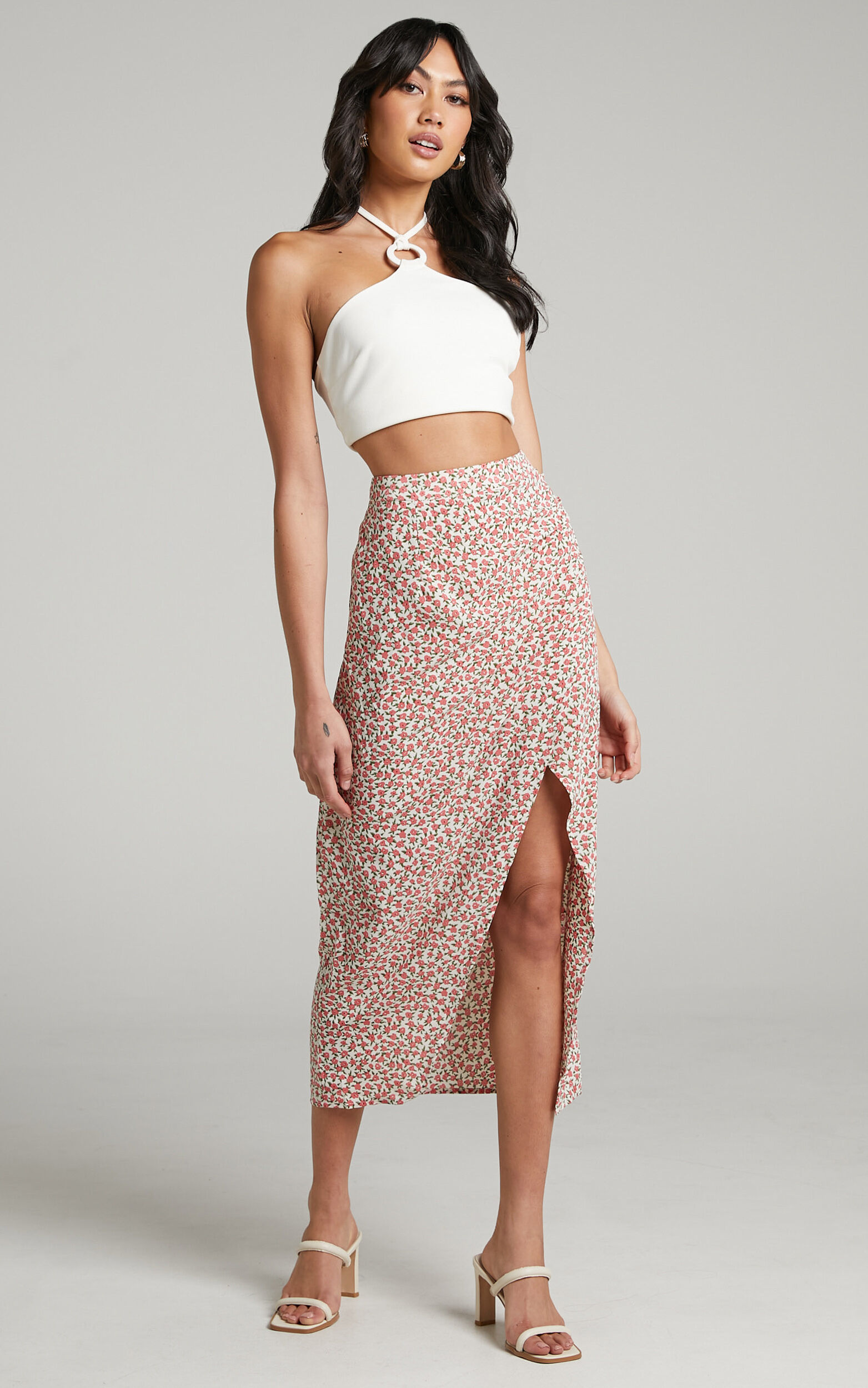 Demieh Wrap Style Midi Skirt in White Floral - 04, WHT1, super-hi-res image number null