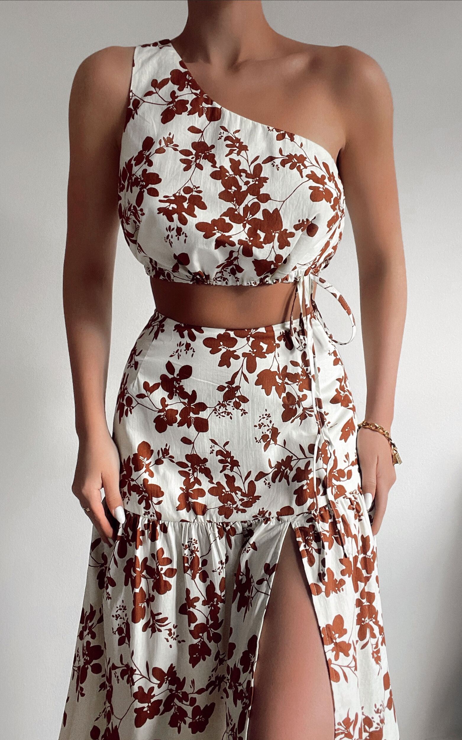 Meghan One Shoulder Two Piece Set with Maxi Skirt in Shadow Floral - 04, BRN1, super-hi-res image number null