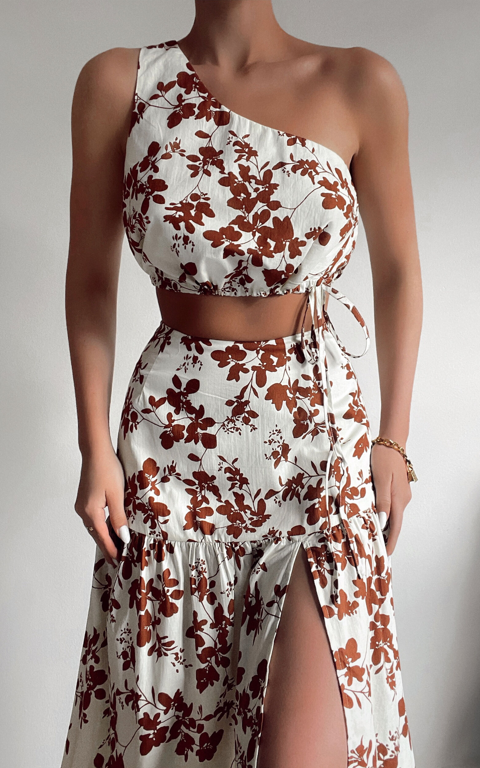Meghan Two Piece Set - One Shoulder Crop Top and Midaxi Skirt Set in Shadow Floral - 04, BRN1