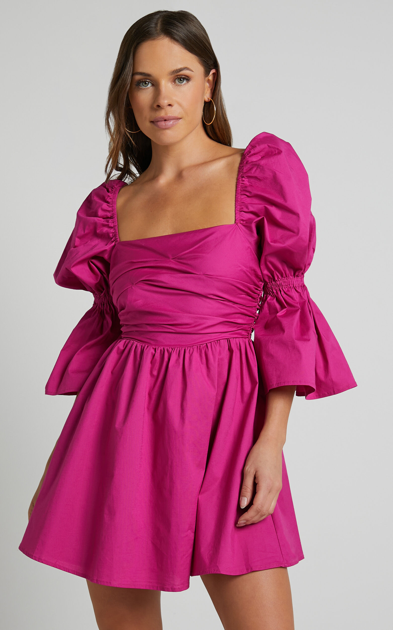 Adria Mini Dress - Long Puff Sleeve Square Neck Dress in Berry - 06, PNK1